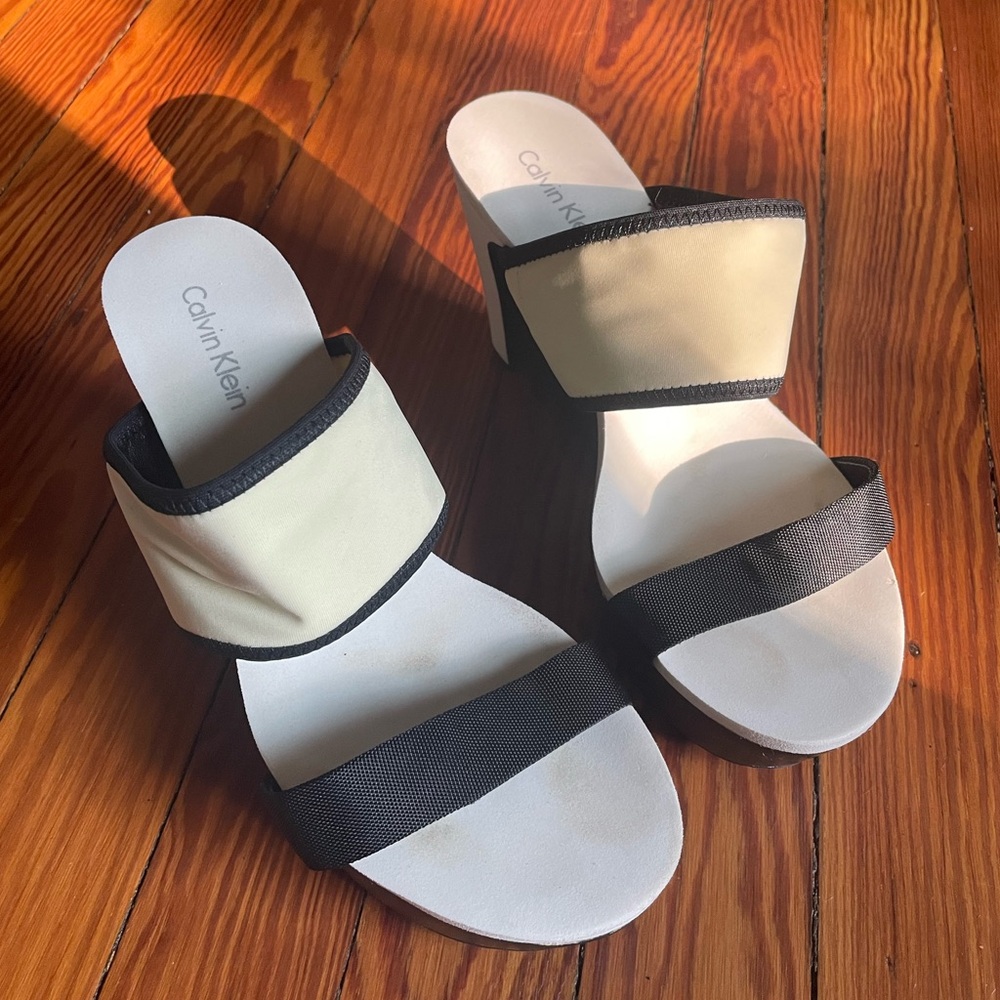 Calvin Klein Women's Black and Cream Wedged Sandals